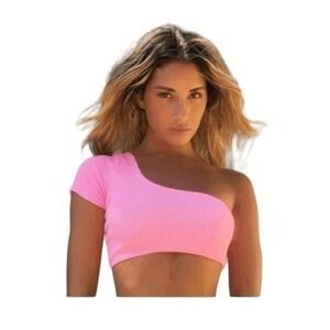 PrettyLittleThings One Shoulder Bikini Top Pink Stretch Crinkle Short Sleeve Swi